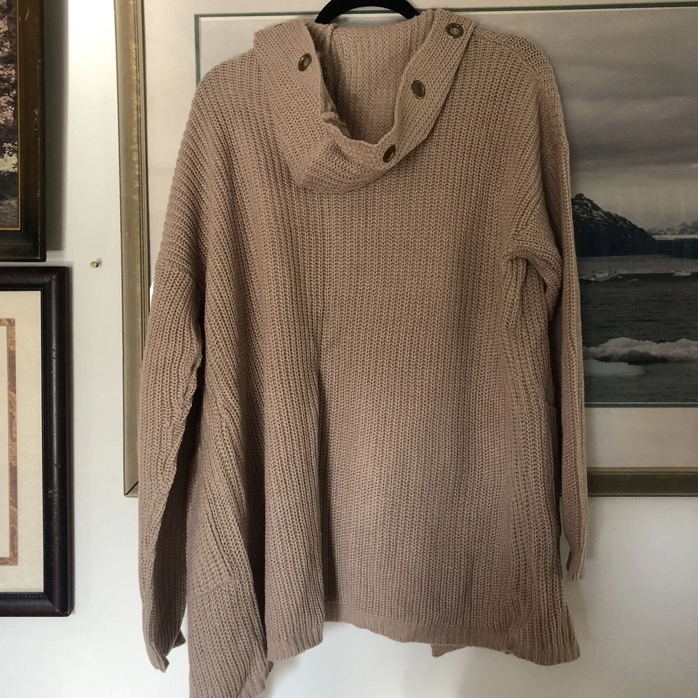 Say What ? Taupe Grommet Hooded Open Front Cardigan Sweater Sz L